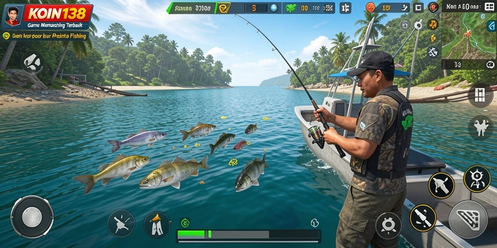 Gameplay KOIN138 yang menampilkan aksi memancing seru di lokasi indah.