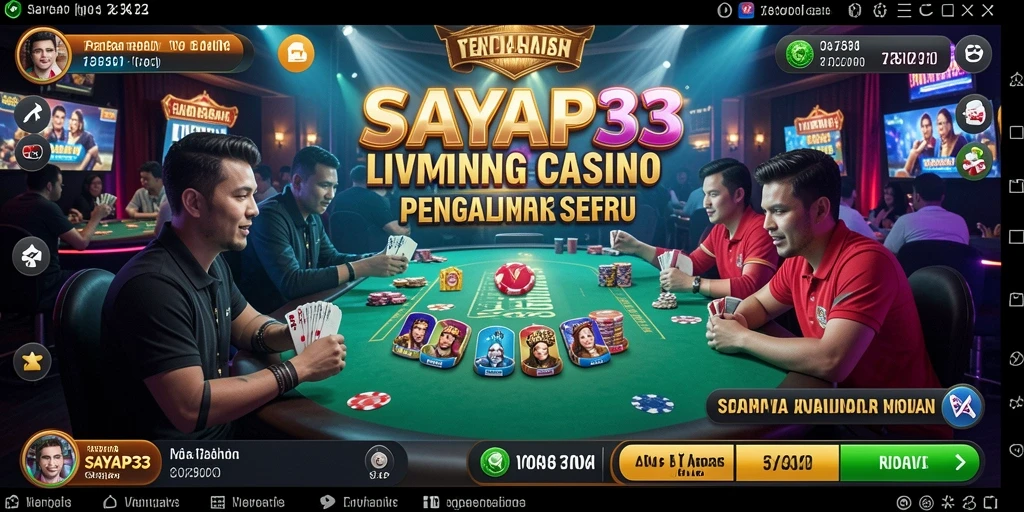 Screenshot SAYAP33 menunjukkan dealer langsung dan suasana permainan kasino yang menggembirakan.