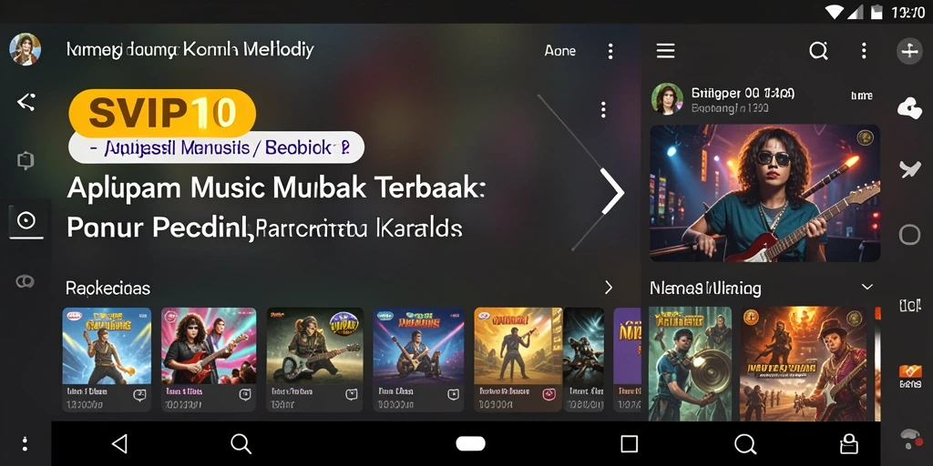 Tampilan utama <strong>SVIP10</strong> menampilkan berbagai genre musik dengan antarmuka yang menarik.